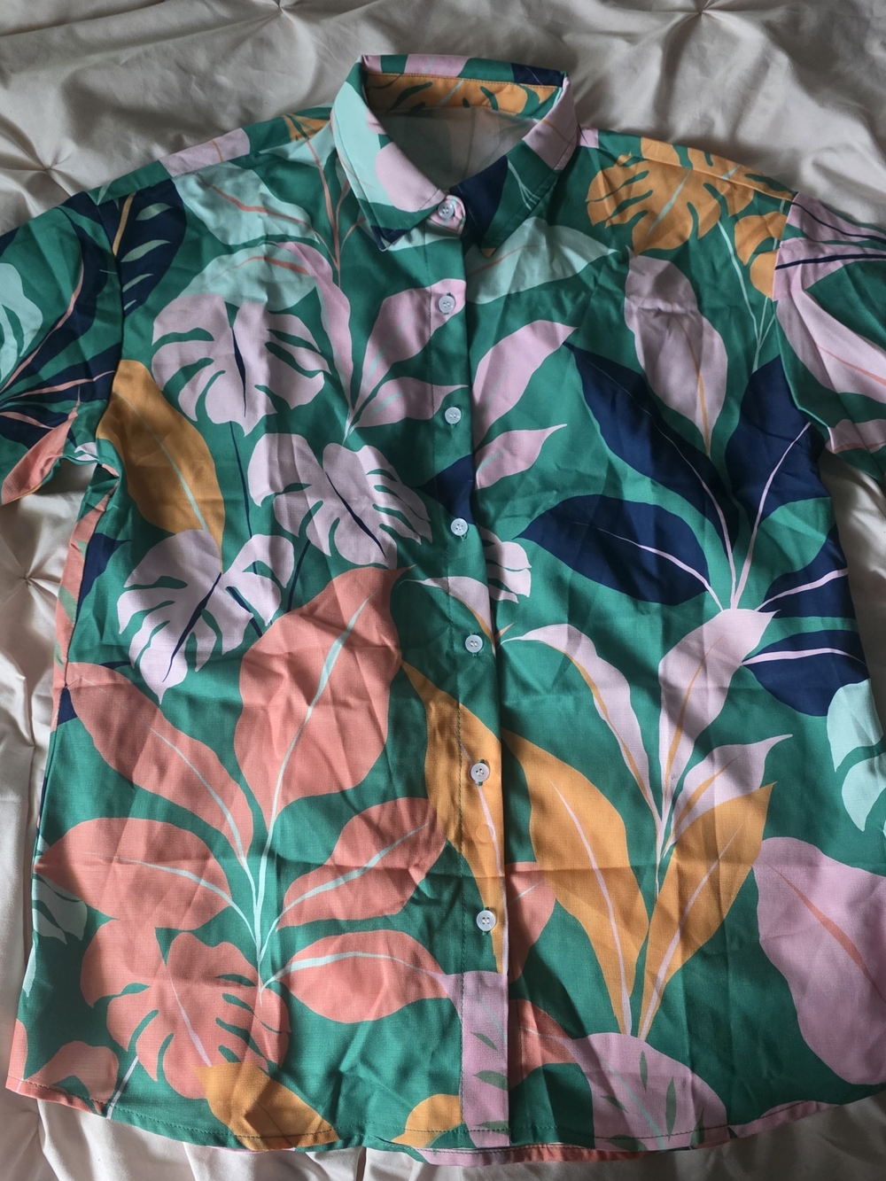 Tropical Leaf Print Button-Up Shirt in Teal, Pink & Mustard